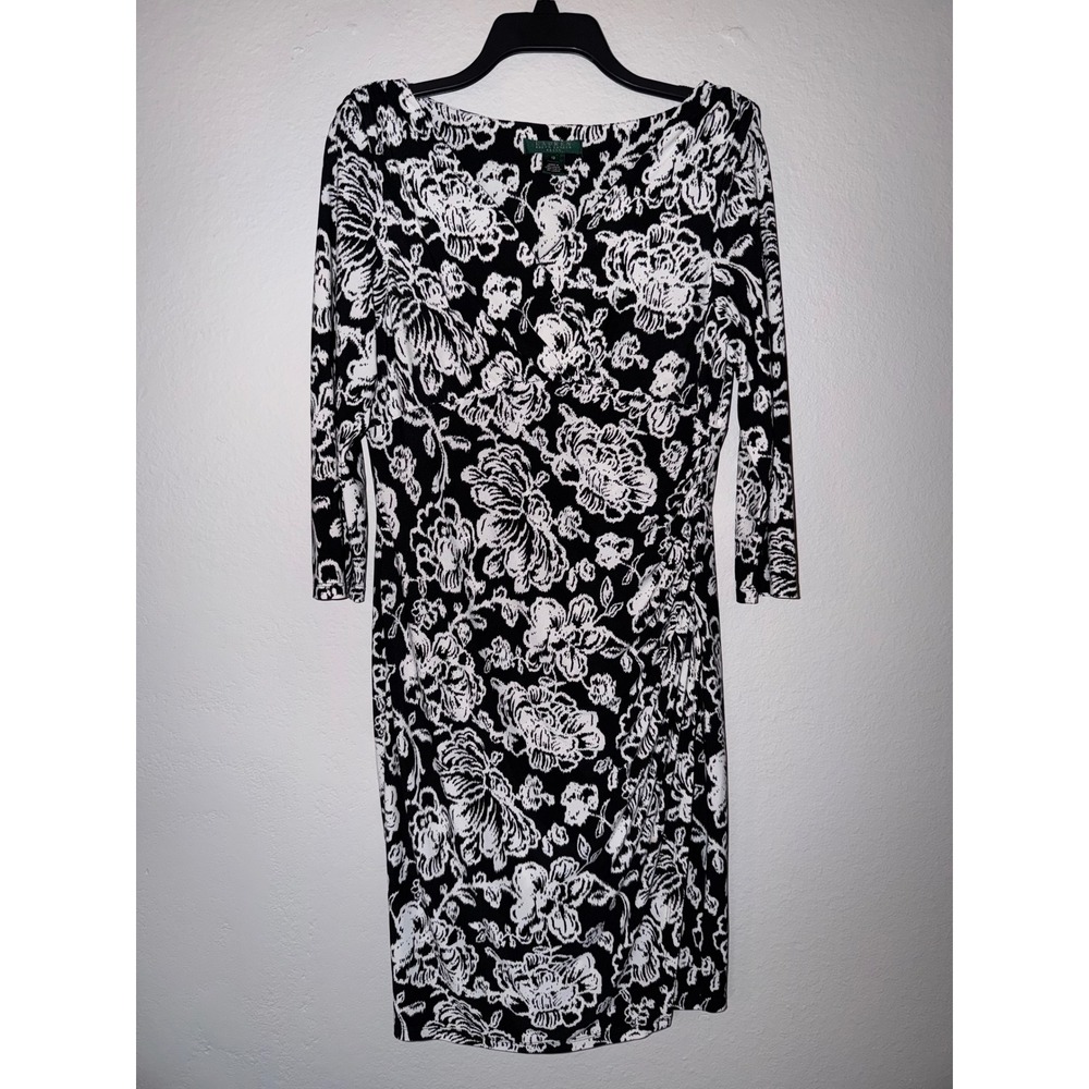 Lauren Ralph Lauren Black White Floral Sheath Dress Size 12 3/4 Sleeve Ruched
